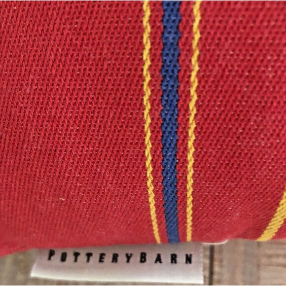 Pottery Barn Outdoor Canvas Lumbar Pillow Red Blue Yellow Awning Stripe 16x26 - Picture 4 of 7
